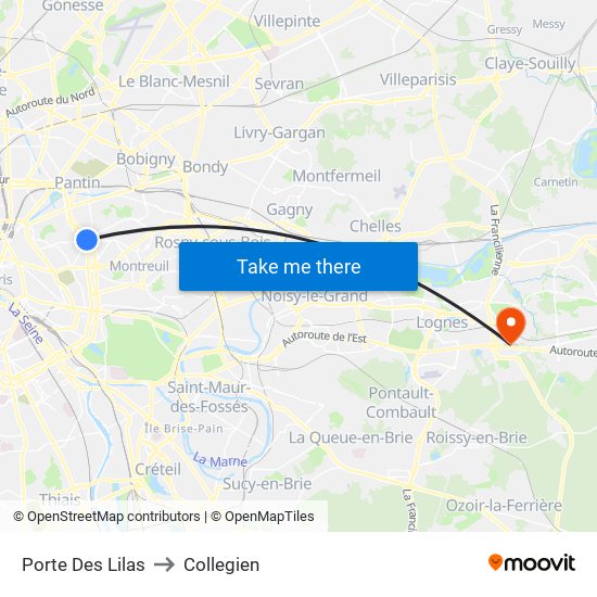 Porte Des Lilas to Collegien map
