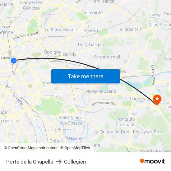 Porte de la Chapelle to Collegien map