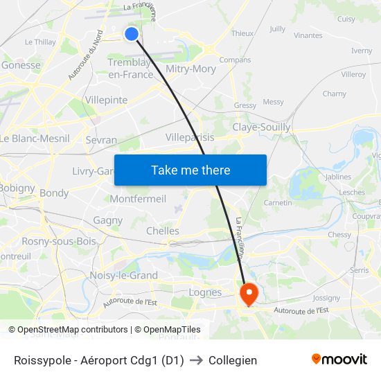Roissypole - Aéroport Cdg1 (D1) to Collegien map
