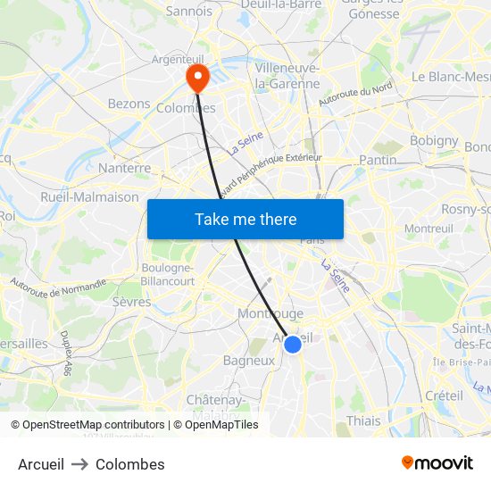 Arcueil to Colombes map