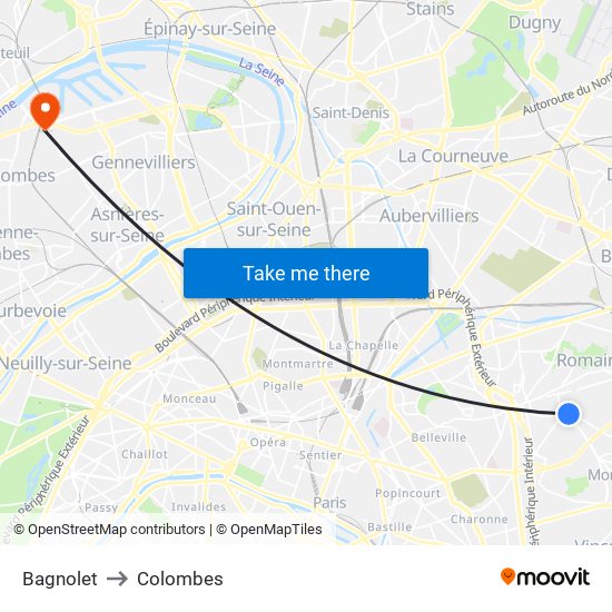 Bagnolet to Colombes map