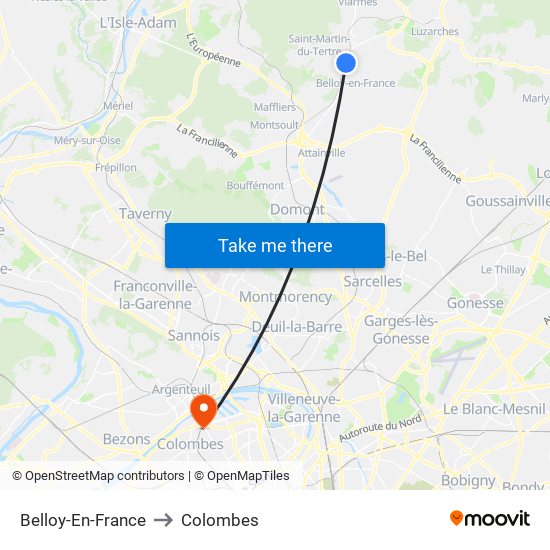 Belloy-En-France to Colombes map