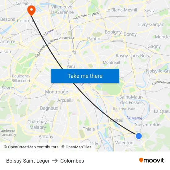 Boissy-Saint-Leger to Colombes map