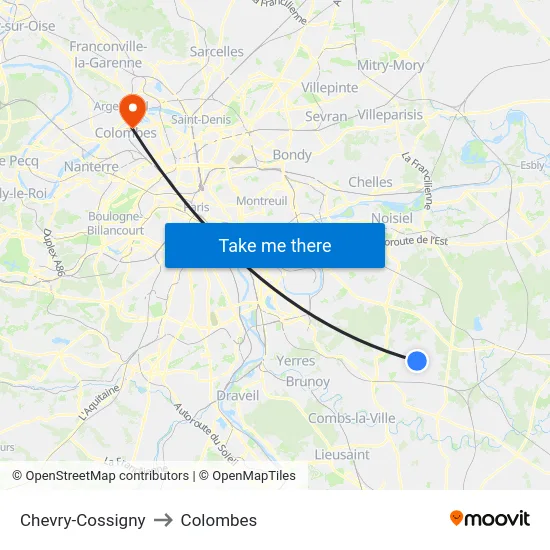 Chevry-Cossigny to Colombes map