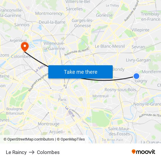 Le Raincy to Colombes map