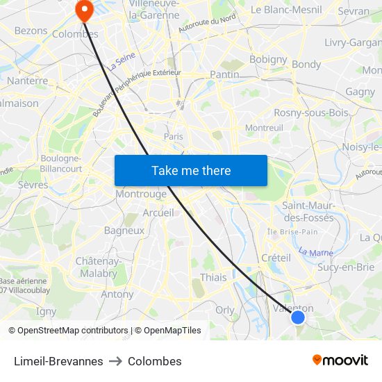 Limeil-Brevannes to Colombes map