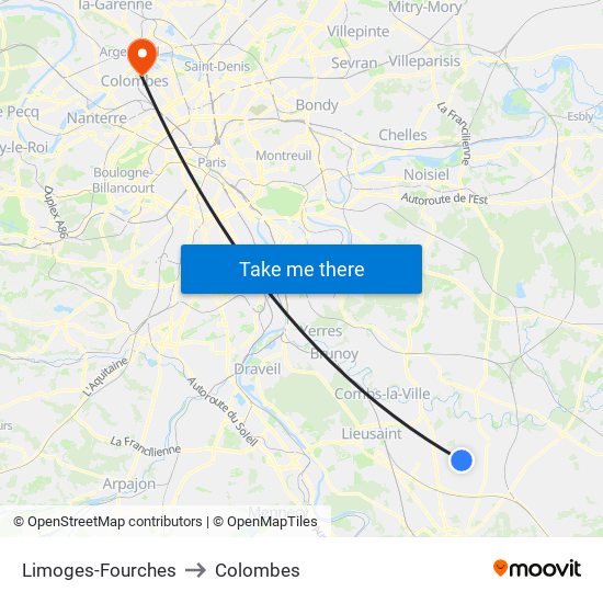 Limoges-Fourches to Colombes map