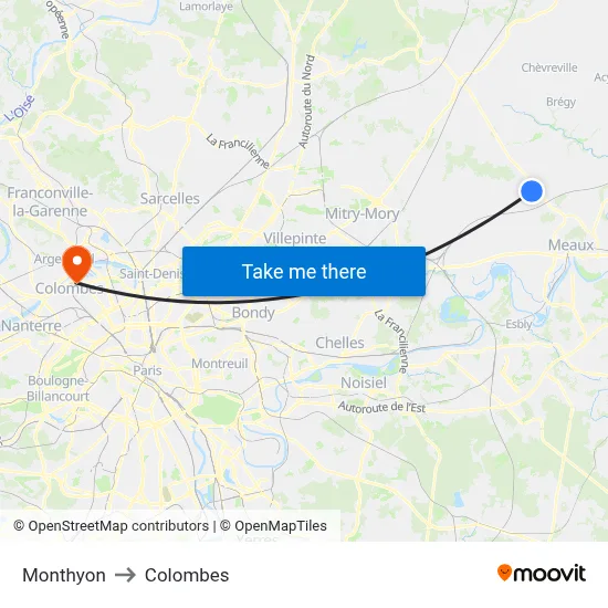 Monthyon to Colombes map