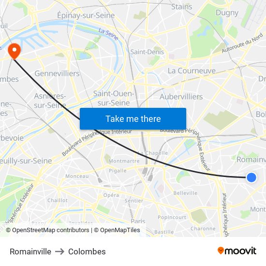 Romainville to Colombes map