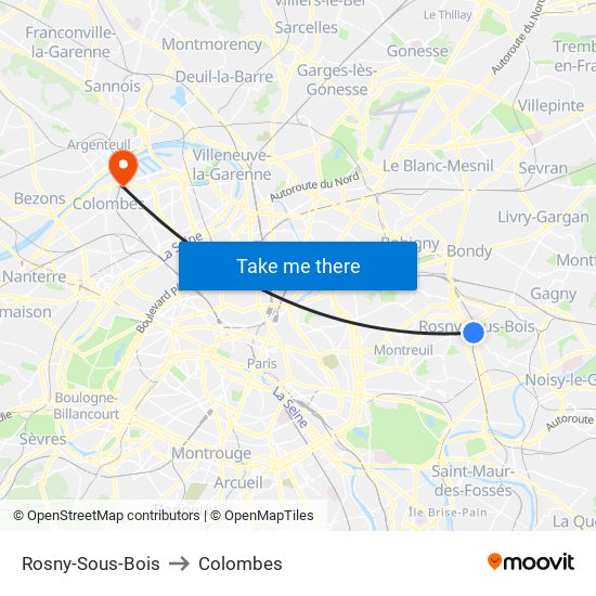 Rosny-Sous-Bois to Colombes map