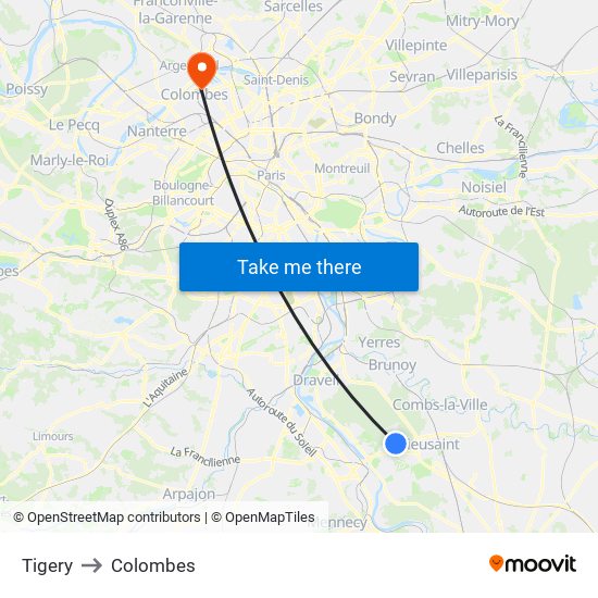 Tigery to Colombes map