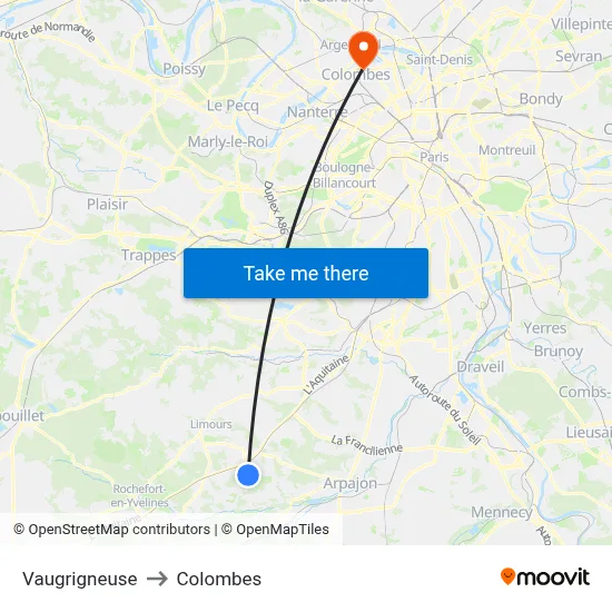 Vaugrigneuse to Colombes map