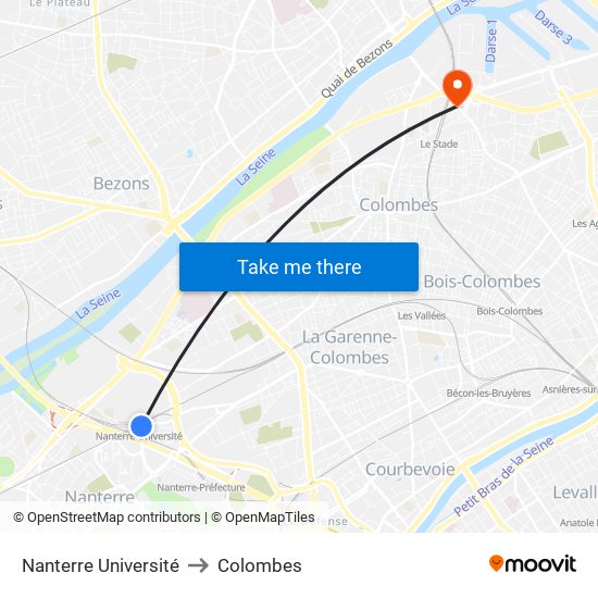 Nanterre Université to Colombes map