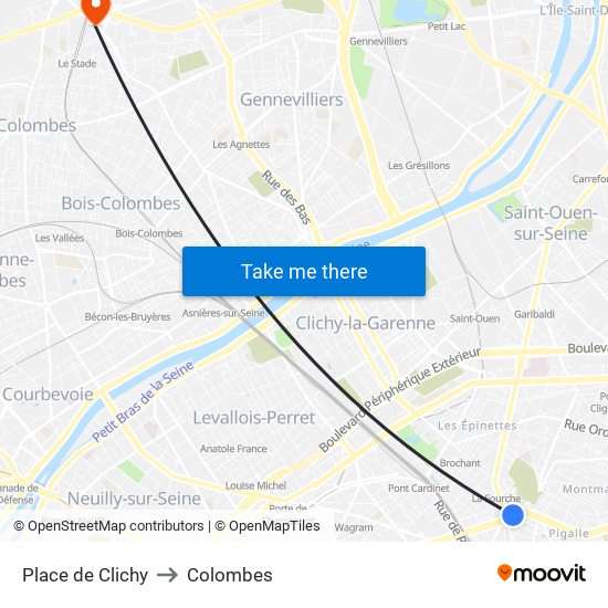 Place de Clichy to Colombes map