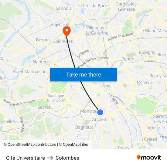 Cité Universitaire to Colombes map
