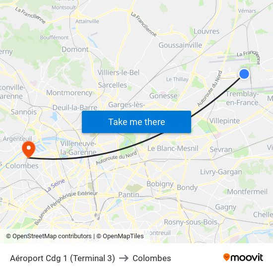 Aéroport Cdg 1 (Terminal 3) to Colombes map