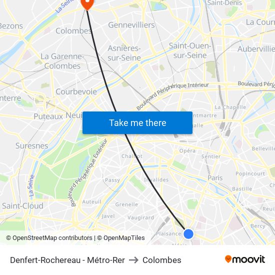 Denfert-Rochereau - Métro-Rer to Colombes map