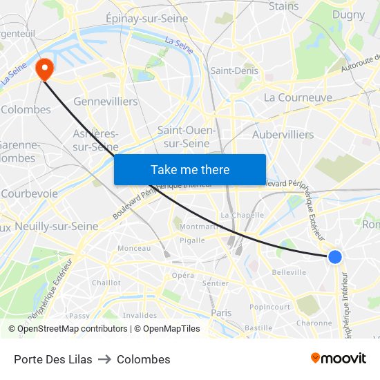 Porte Des Lilas to Colombes map
