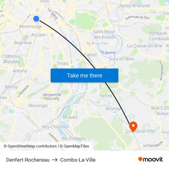Denfert-Rochereau to Combs-La-Ville map