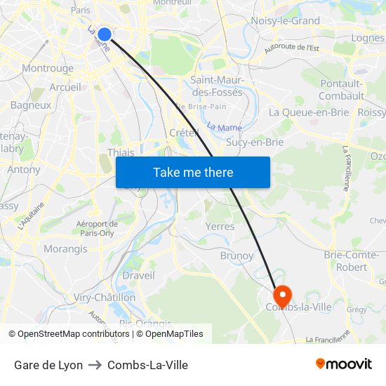 Gare de Lyon to Combs-La-Ville map