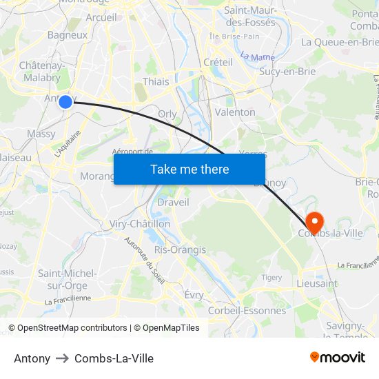 Antony to Combs-La-Ville map