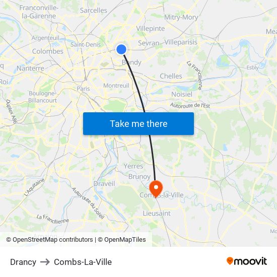 Drancy to Combs-La-Ville map