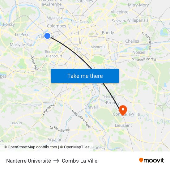 Nanterre Université to Combs-La-Ville map