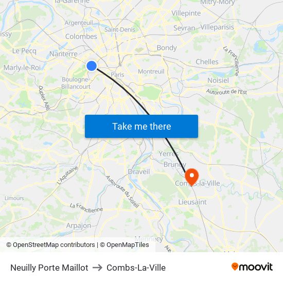Neuilly Porte Maillot to Combs-La-Ville map