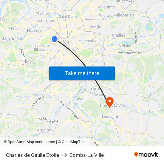 Charles de Gaulle Etoile to Combs-La-Ville map