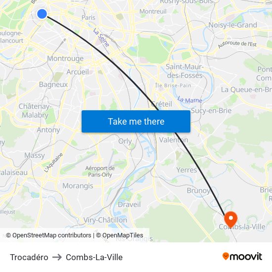 Trocadéro to Combs-La-Ville map