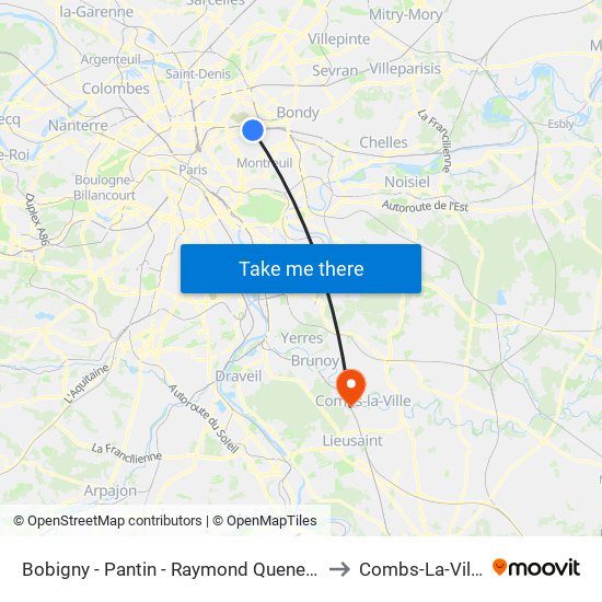 Bobigny - Pantin - Raymond Queneau to Combs-La-Ville map