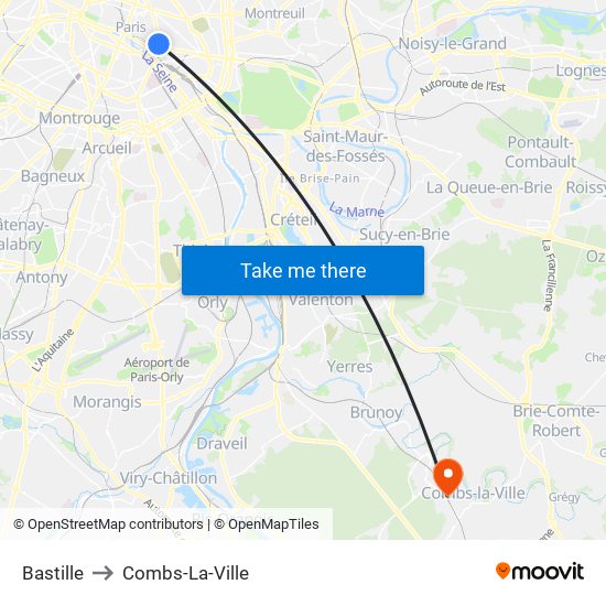 Bastille to Combs-La-Ville map