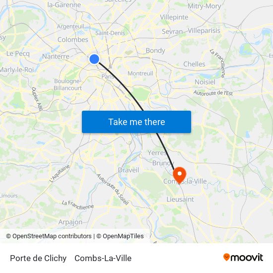 Porte de Clichy to Combs-La-Ville map