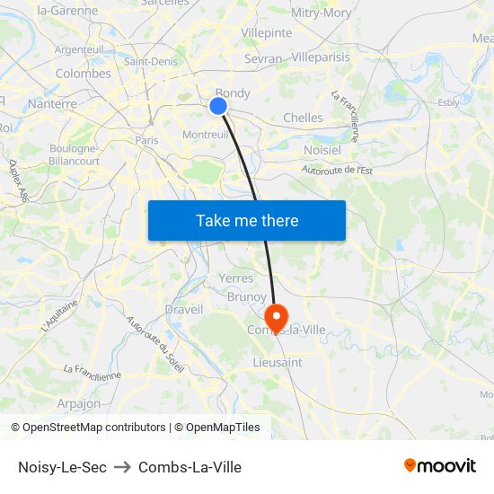 Noisy-Le-Sec to Combs-La-Ville map