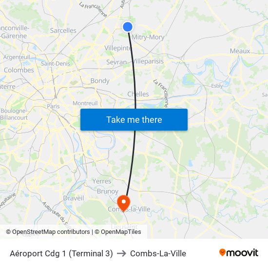 Aéroport Cdg 1 (Terminal 3) to Combs-La-Ville map