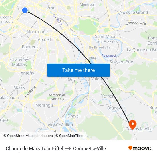 Champ de Mars Tour Eiffel to Combs-La-Ville map