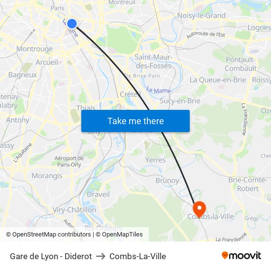 Gare de Lyon - Diderot to Combs-La-Ville map