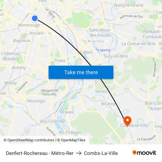 Denfert-Rochereau - Métro-Rer to Combs-La-Ville map