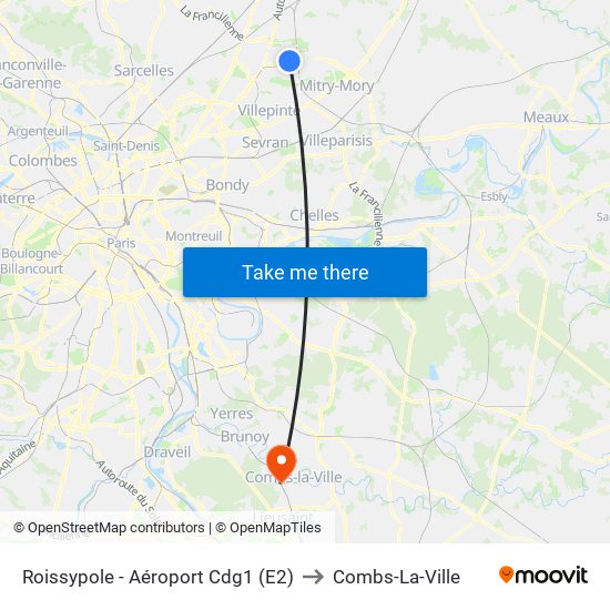 Roissypole - Aéroport Cdg1 (E2) to Combs-La-Ville map