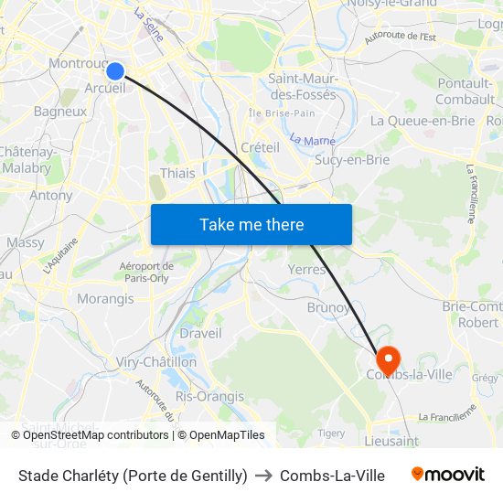 Stade Charléty (Porte de Gentilly) to Combs-La-Ville map