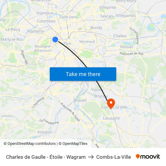 Charles de Gaulle - Étoile - Wagram to Combs-La-Ville map