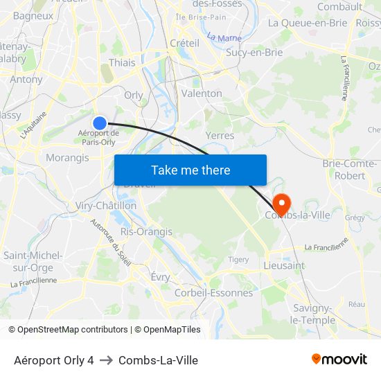 Aéroport Orly 4 to Combs-La-Ville map
