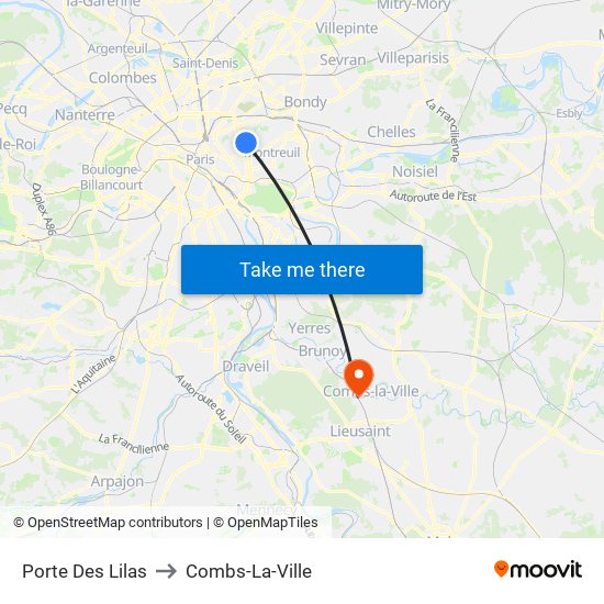 Porte Des Lilas to Combs-La-Ville map
