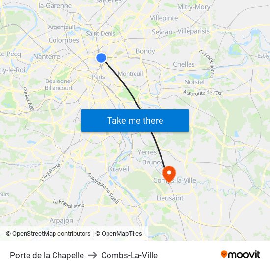 Porte de la Chapelle to Combs-La-Ville map
