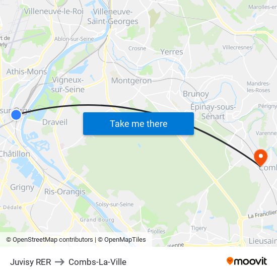 Juvisy RER to Combs-La-Ville map