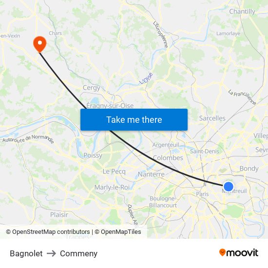 Bagnolet to Commeny map