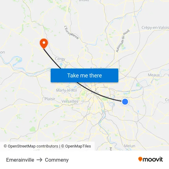 Emerainville to Commeny map