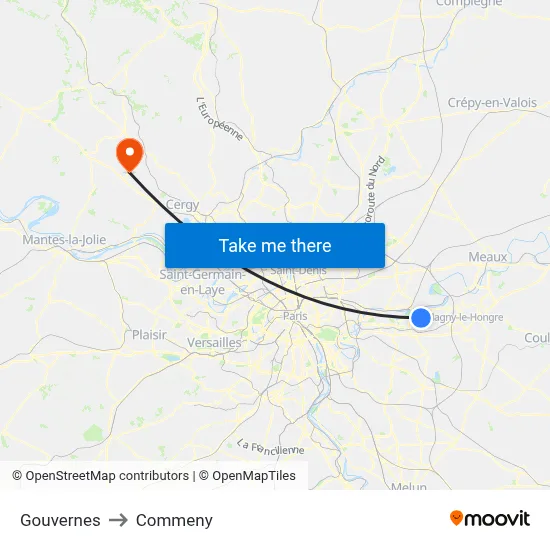 Gouvernes to Commeny map