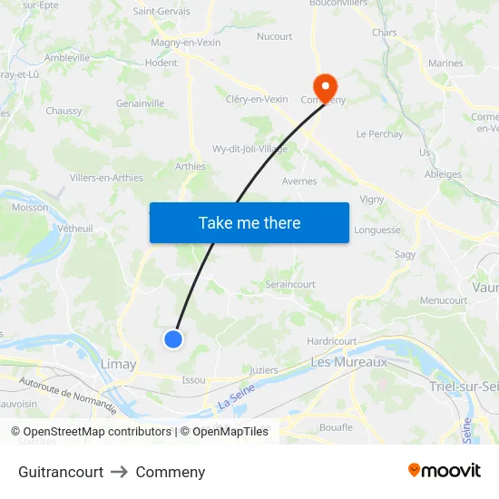 Guitrancourt to Commeny map