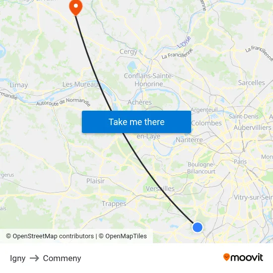 Igny to Commeny map
